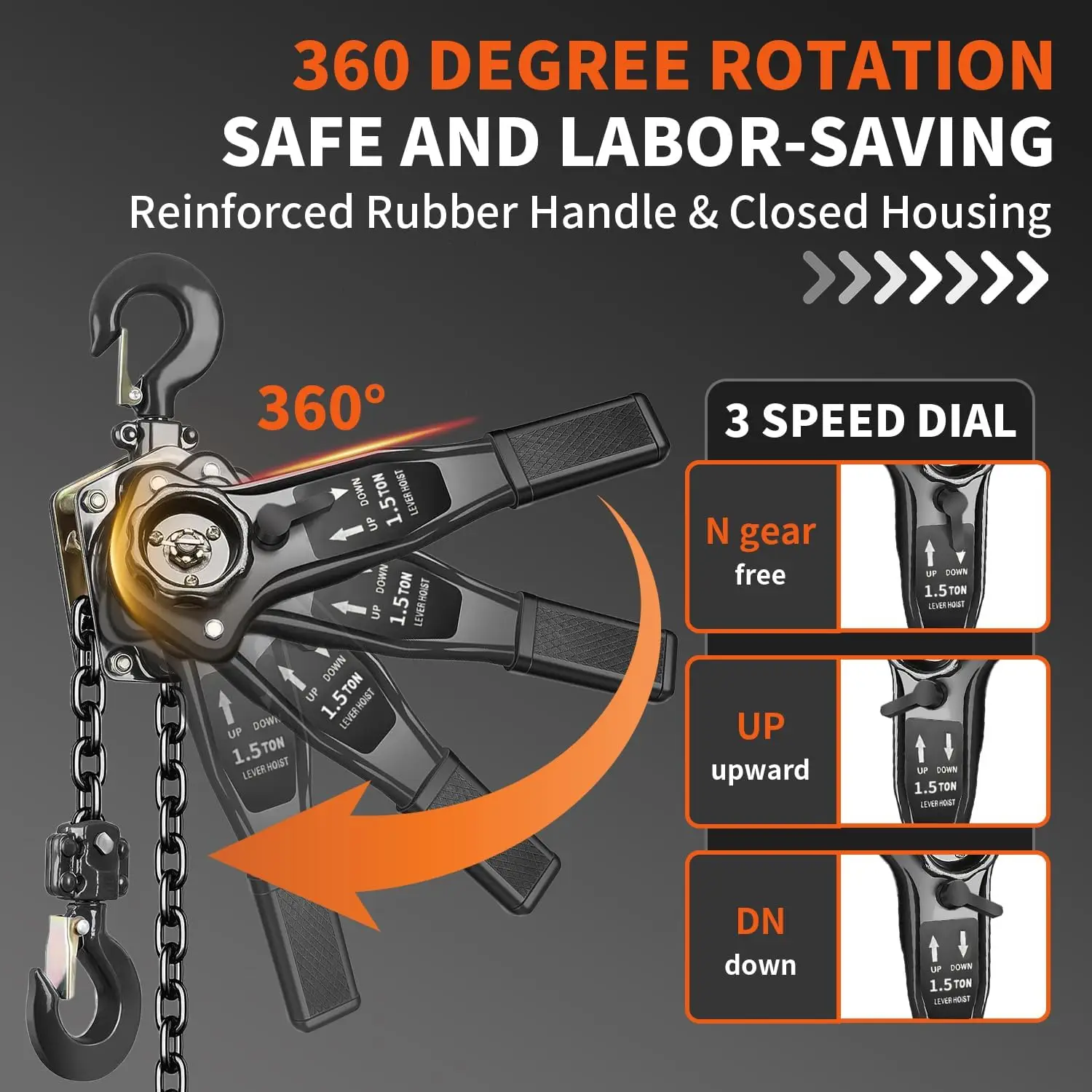 Manual Lever Chain Hoist 1.5 Ton 3300 Lbs Capacity 10 FT Come Along, G80 Carbon Steel with Double-Pawl Brake,360° Rotation Hook
