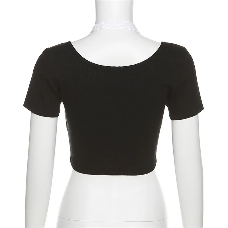 Women Pink Slim Crop Top Short Open Navel Top Hanging Neck Short Sleeve Harajuku Tshirt Square Neck Black Vintage Y2K Summer Top