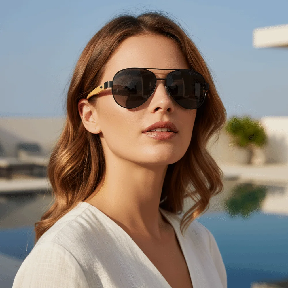 Bamboo Wood Temple Double Bridge Shades Metal Front Frame Mirrored Lens Big Frame Sunglasses Sturdy Hinge Anti Glare Coating