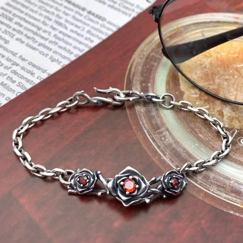 S925 sterling silver rose bracelet stylishretro thorn chain buckle cool style fashion female bracelet trendy