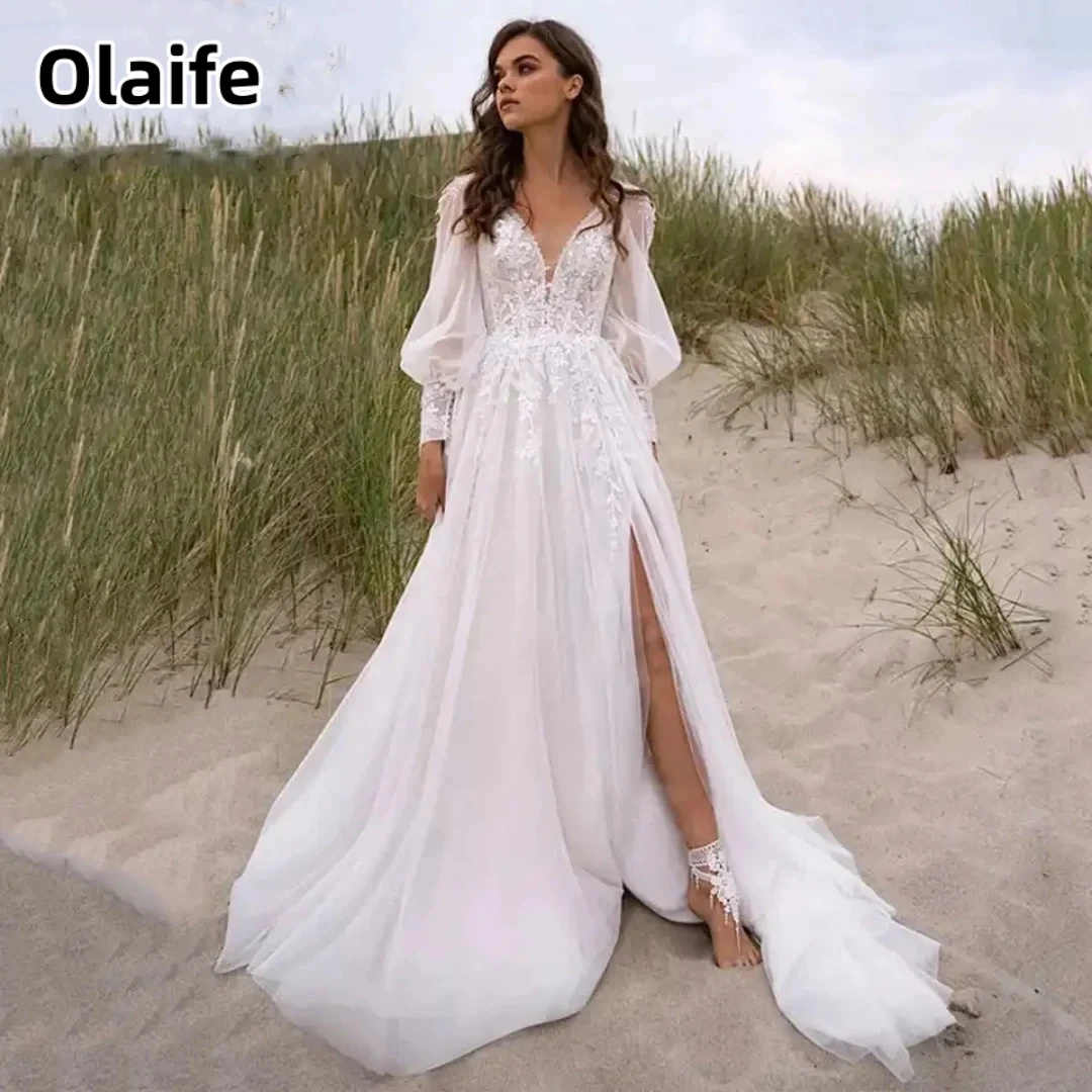 

Olaife Simple V-neck Appliqué Wedding Dress Princess Puff Sleeves Prom Dresses Tulle Evening Dresses Occasions Party Dress