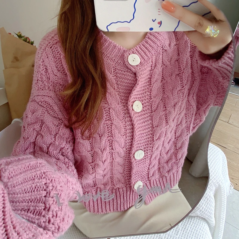 Twist Strickjacke Frauen Mode Lose Langarm Rosa Chic Tops Süße Tasten Feste Beiläufige Hübscher Stil Koreanische Jumper