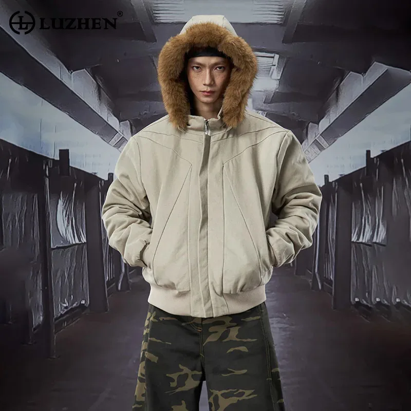 LUZHEN Detachable Hooded 2026 Faux Fur Winter Padded New Coat Men's Fashion Thickened Warm Fleece Liner Solid Color Parka JY8588