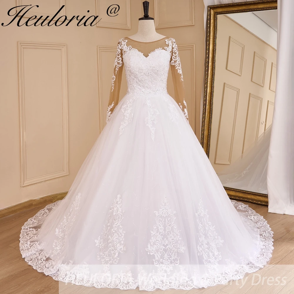 

HEULORIA Princess Ball Gown Wedding Dress long sleeve sweetheart plus size robe de mariee Lace beading bride dress court train