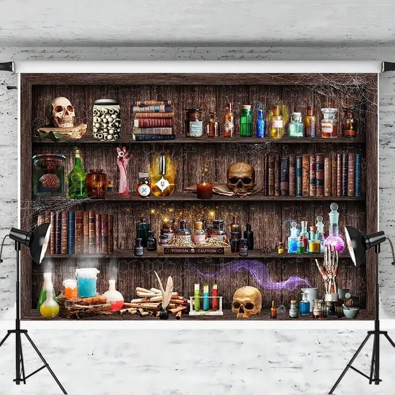 Mad Scientist Laboratory Backdrop for Halloween Spooktakular Creepy Skull Poison Witch Photo Background Party Decorations Banner