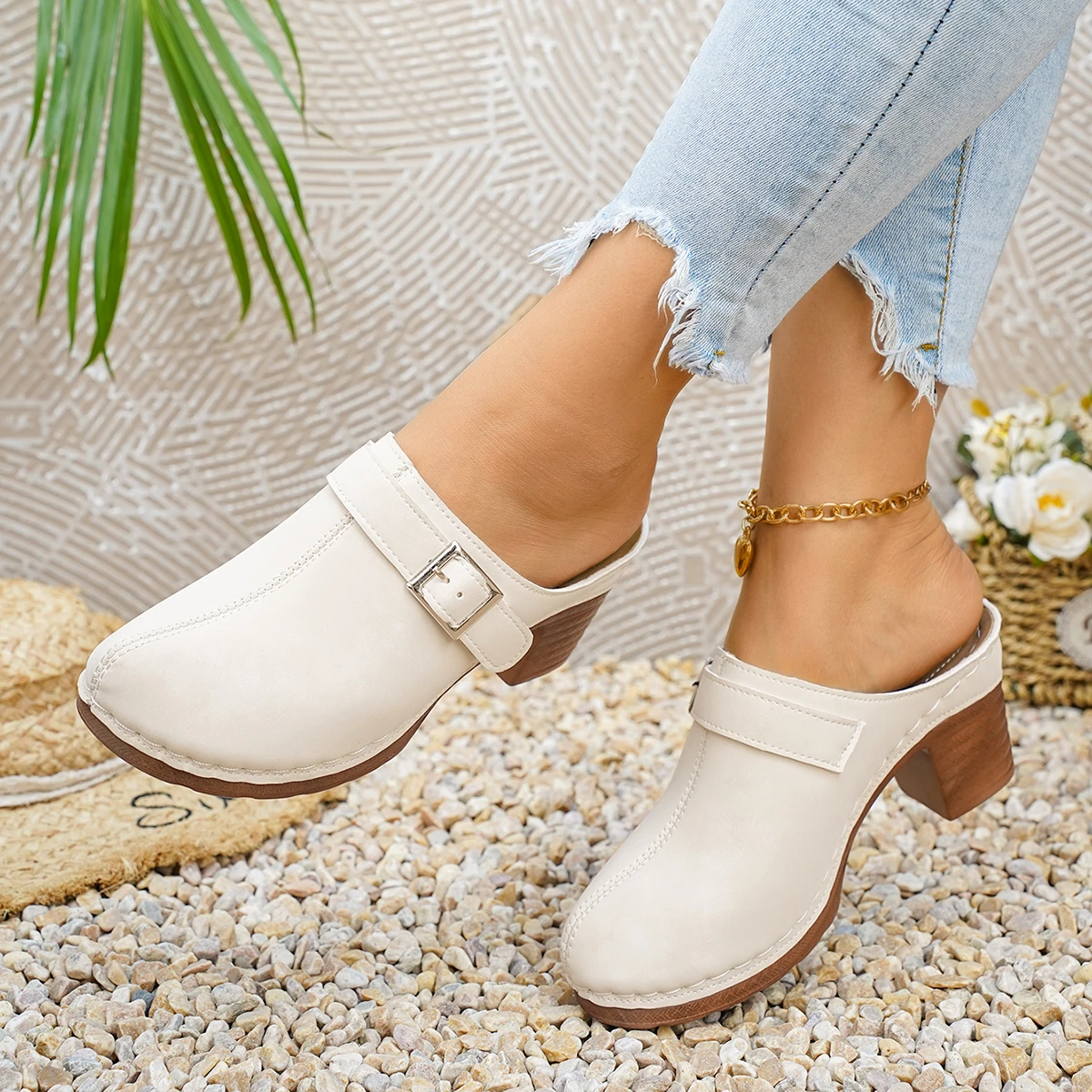 Damen Mules Pantoletten mit hohem Blockabsatz, geschlossene Zehenpartie, zum Hineinschlüpfen, Vintage, Sommer, lässig, bequeme Gehschuhe – Detail 9