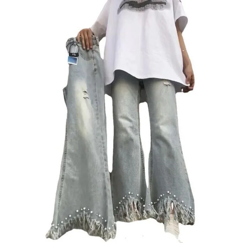 

Pearl Tassels Worn Out Jeans Women Denim Flared Pants Fashion Ankle-Length Pants