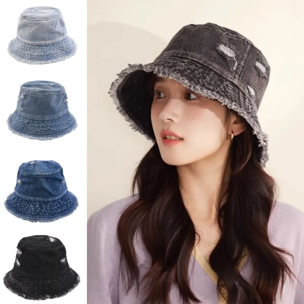 

Retro Korean Style Denim Bucket Hat Large Brim Washed Denim Sun Protection Hat Solid Color Breathable Sun Hat Travel
