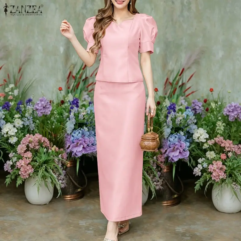 

Women's Elegant Satin Skirt Suits Square Neck Short Puff Sleeve Crop Tops & Maxi Skirts 2 Pieces Sets ZANZEA Classy Party Outfit
