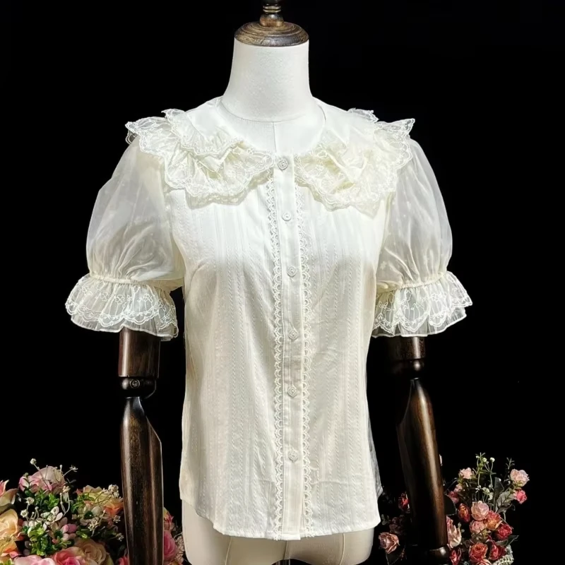 

Japanese Doll Collar Sweet Lolita Lace Patchwork Blouses Summer Women Harajuku Flare Sleeve Shirts Girly Jk Single Breasted Tops