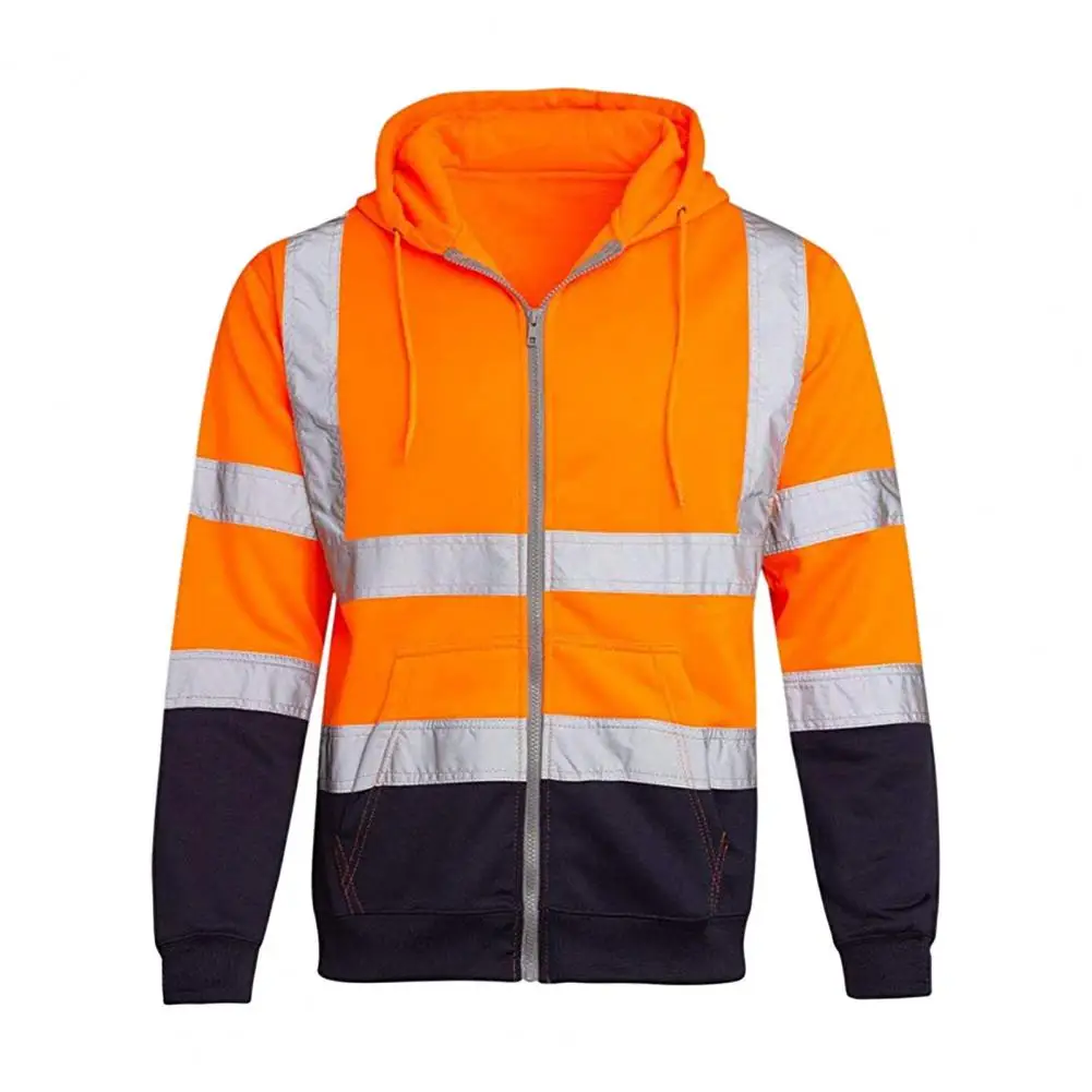 

Men Hoodie Reflective Strip Coat with Drawstring Closure for Outdoor Work Safety Warm Overalls