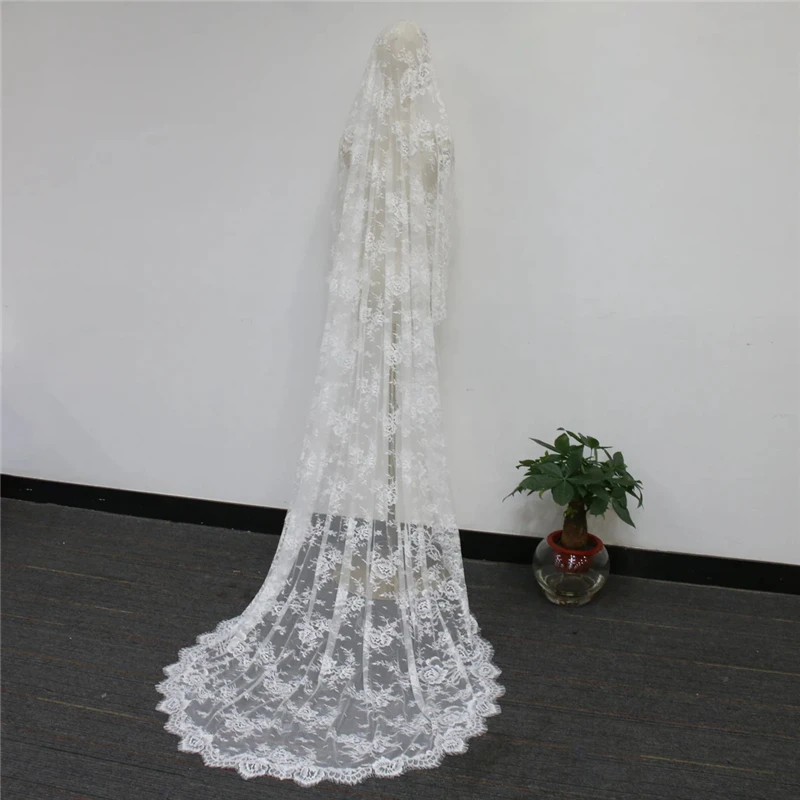 Off White Mantilla Style Wedding Bridal Veils Lace Chapel Catholic Vintage Long Accessories For Brides Soft Floral Flowers 3M