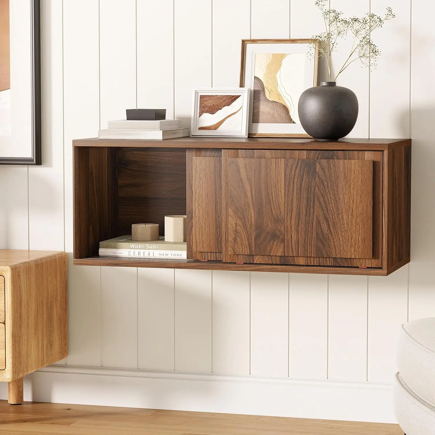 

Floating TV Stand, 30" Multi-Purpose Modern TV Display Shelf Console Entertainment Center Cabinet with Sliding Doors for Bedroom