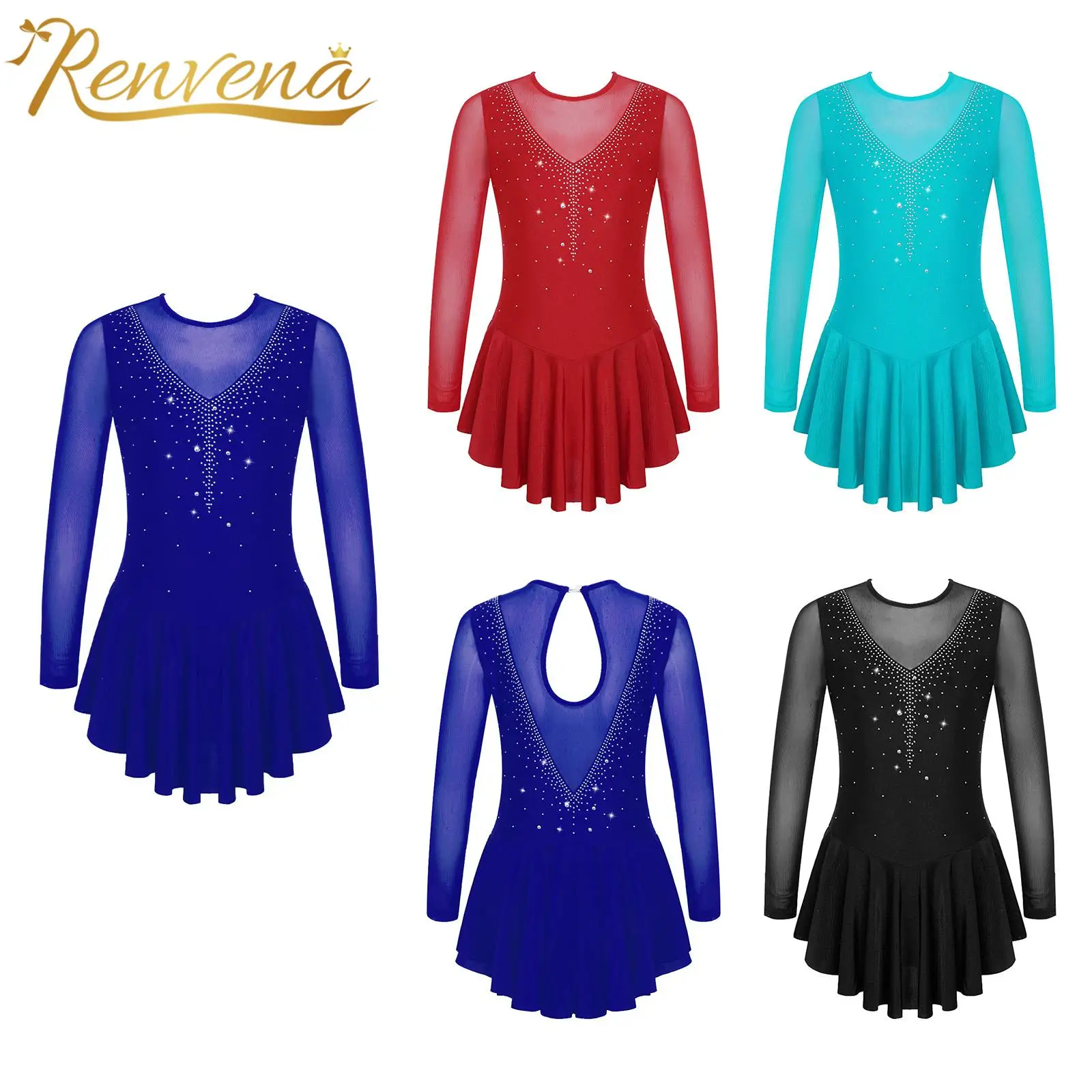 

Girls Rhinestone Figure Skating Dress Children Ballet Leotards Dresses Mesh Splice Lyrical Ice Skating Performance Dancewear