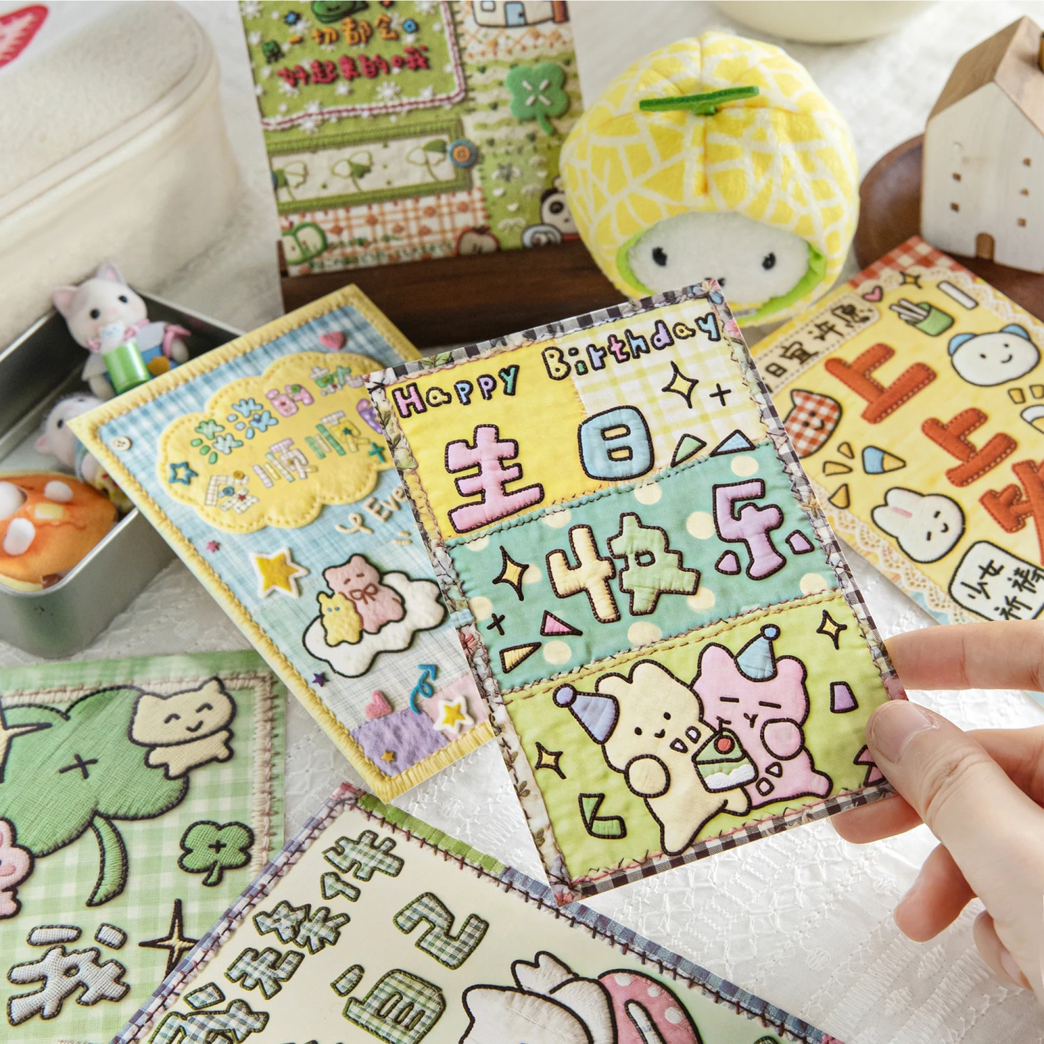 

Morning Rain Cute Healing Postcard with a High-End Feel, Imitation Patchwork Visual 3D Craft Handwritten Greeting Card DIY