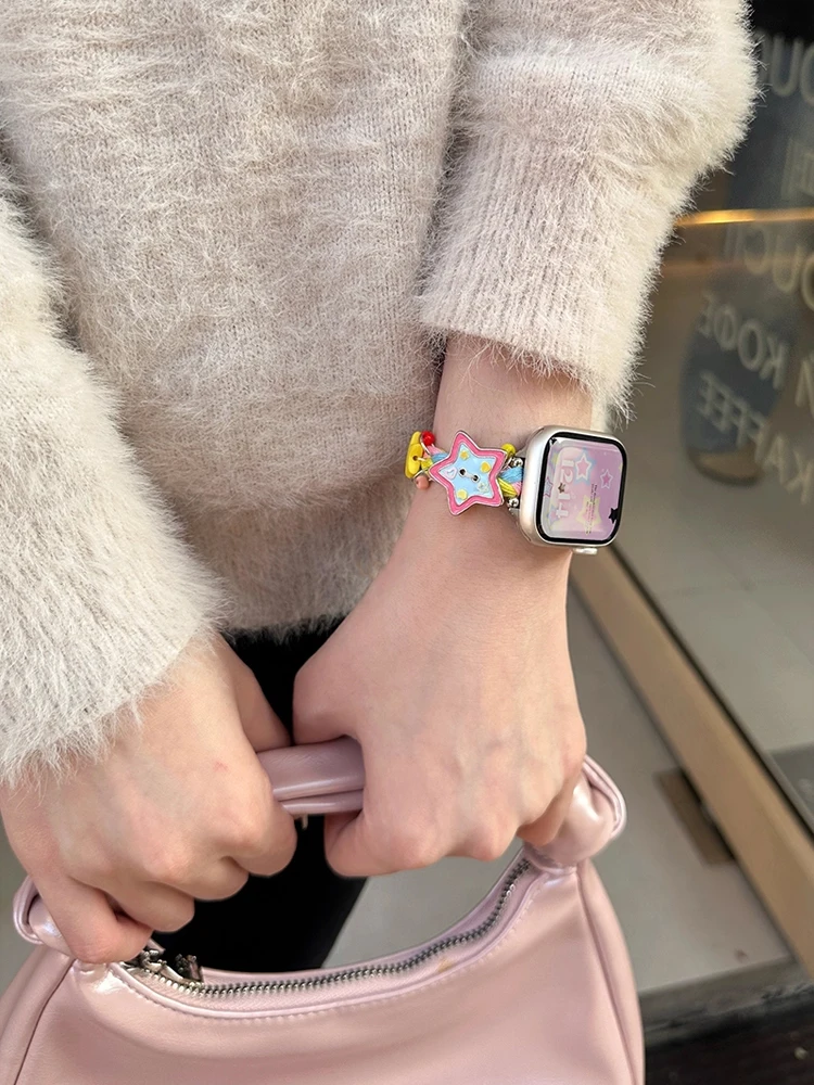 애플워치 울트라 11 10 9 8 7 6 SE 5용 Y2K 스타 버튼 스트랩 메탈 브레이슬릿 밴드 (아이워치 49mm 46mm 41mm 45mm 42mm 44mm 40mm 호환)