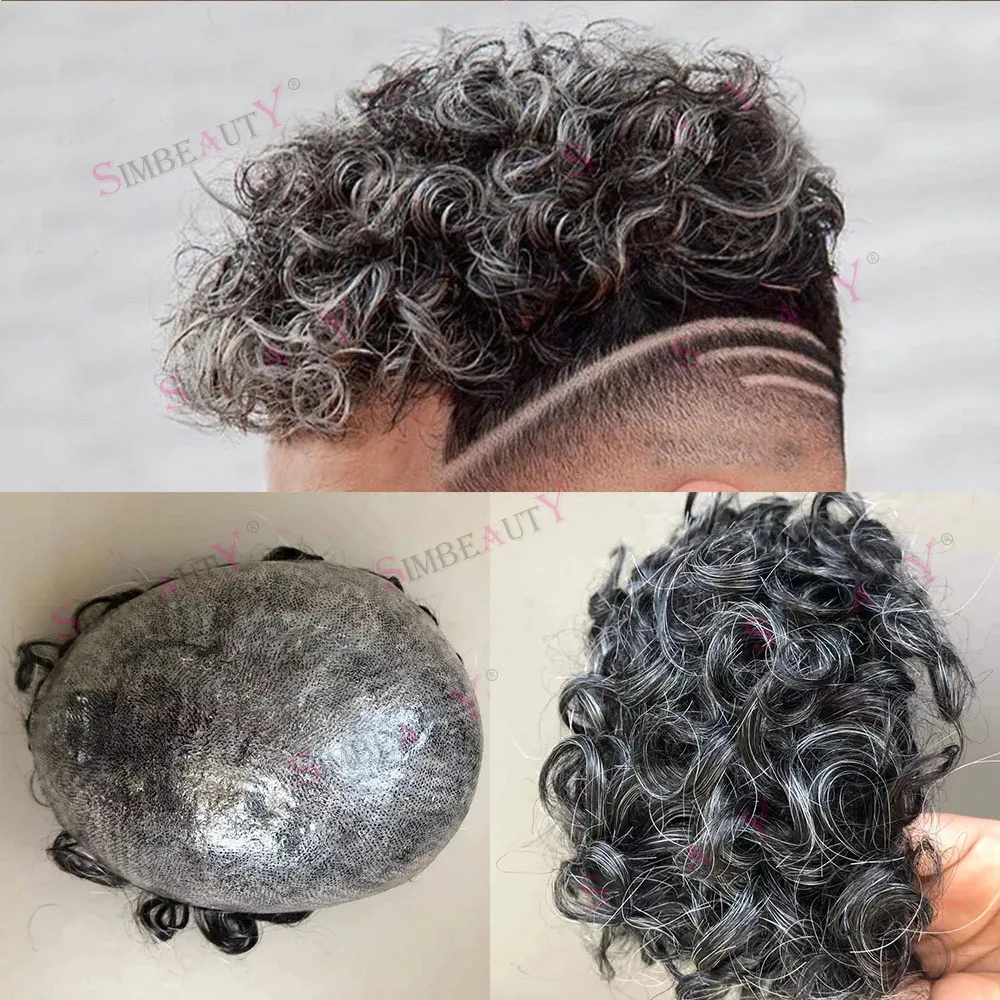 

20mm Curly Durable Full Skin Pu Base Human Hair Toupee 1B20 1b65 Grey Hair Natural Hairline Mens Microskin Hairpieces Wholesale