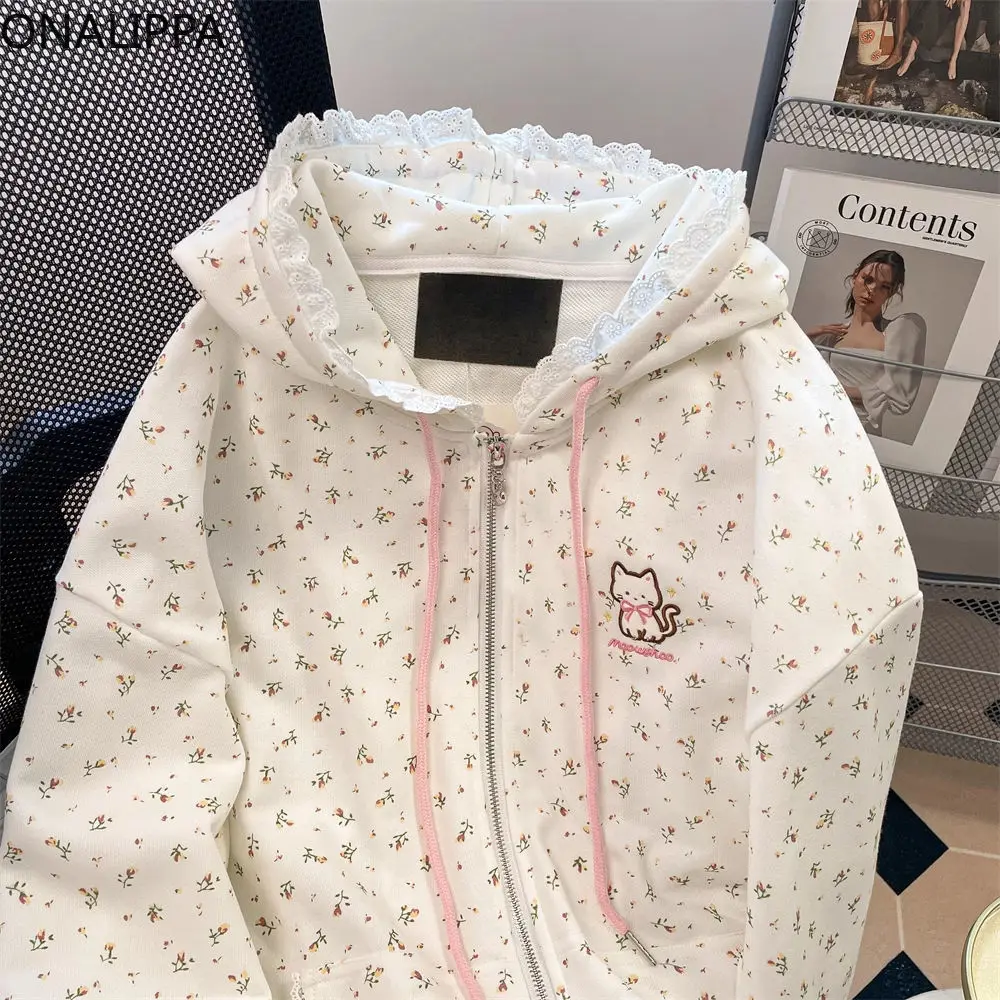 Onalippa Kawaii Cat Embroidery Floral Sweatshirt Hoodie Lace Wood Ear Hem Patchwork Hoodies Zip Up Mid-length Hoodie Bape