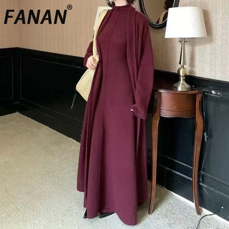 

FANAN Temperament High Neck Knitted Long Dress Cardigan Two-piece Set Women's Long Sleeve Cardigan Office Lady Sets Female 2025