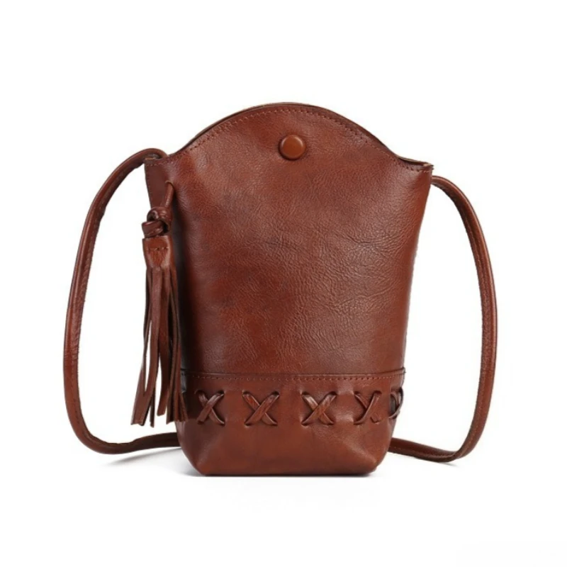 Vintage Everyday Mini Bucket Bag for Women Genuine Leather Shoulder Bag Full Grain Leather Vegetable Tanned Adjustable Strap