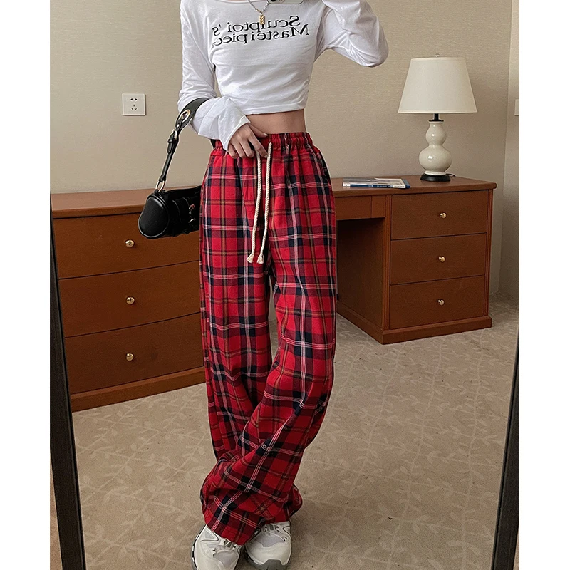 Red Plaid Pants Women's Spring Autumn 2025 New plus Size Loose Lazy Sle Vintage Wide Leg Floor Length Trousers