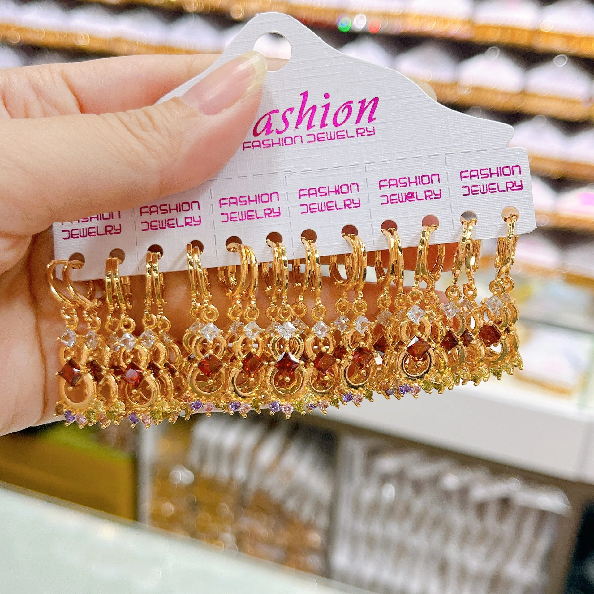 12Pairs Women's Colorful Zircon Copper Gold-Plated Drop Earrings Fashion Jewelry Accessories for Wedding Gift