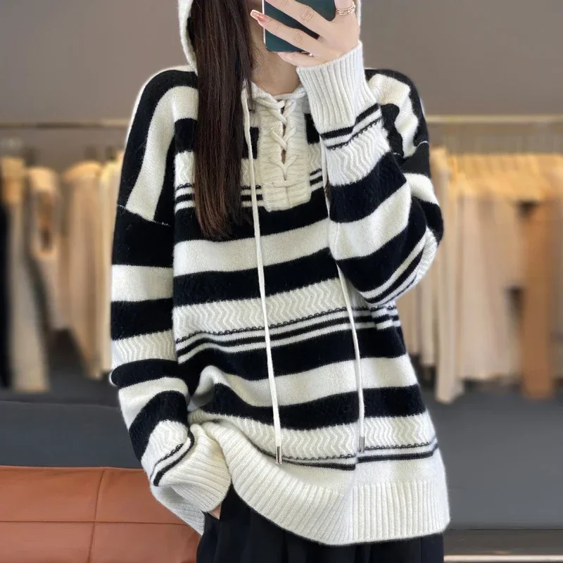 Women's Striped Color Matching Hooded Sweater, Long-Sleeved Pullover, Loose Top, 100% Pure Wool, Fall, Winter Fashion