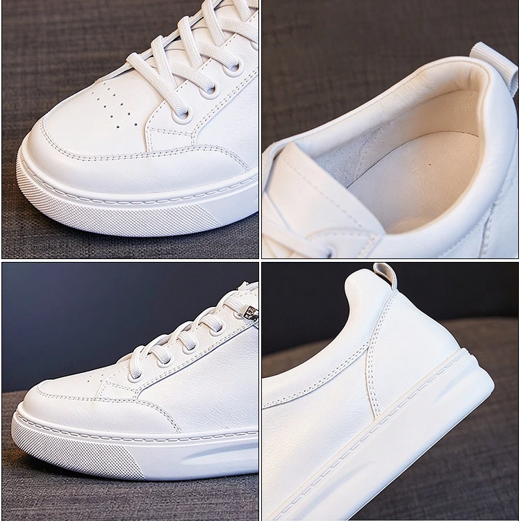 Zapatillas blancas de cuero genuino para mujer, cómodas, de estilo casual, con plantilla de piel de cerdo, transpirables, de fácil calzado, ideales para el uso diario y para caminar.
