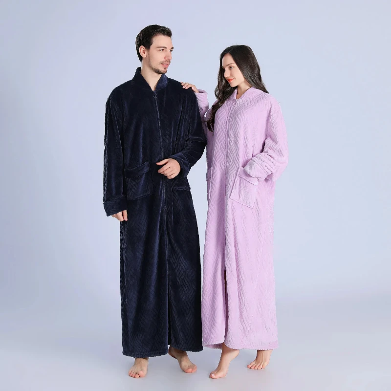 Extended Women\'s Flannel Zipper Pajamas Solid Color Jacquard Thick Warm Bathrobe Plus Size Women\'s Bathrobe Couple Bathrobe