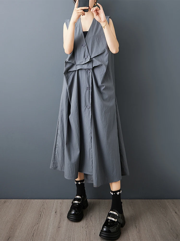 NYFS 2025 Estate Nuovo Allentato plus Size Vintage camicia senza maniche Abito Abito da donna con scollo a V irregolare