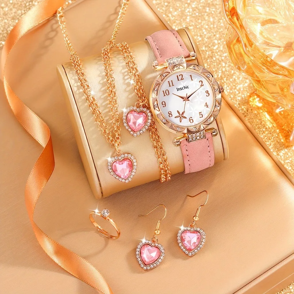 6pcs/set Women's Round Dial Watch Rhinestone   Starfish Pattern Pink Belt Quartz   Heart-shaped Jewelry Set