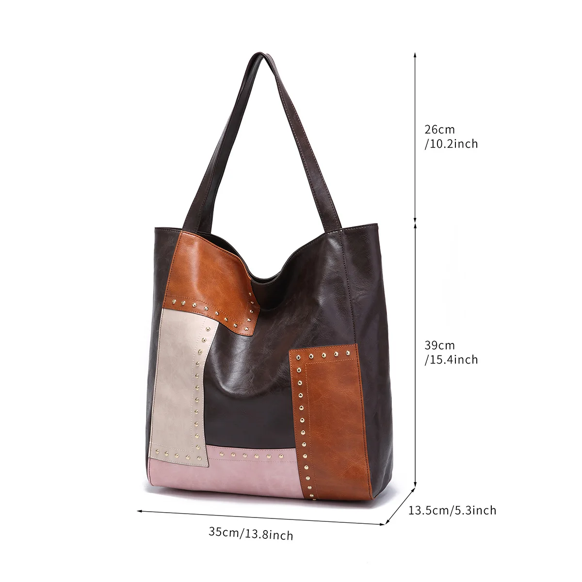 Women's Handbag Large Capacity Vintage Fashion Rivet Splicing Shoulder Tote Women's Shoulder Bag