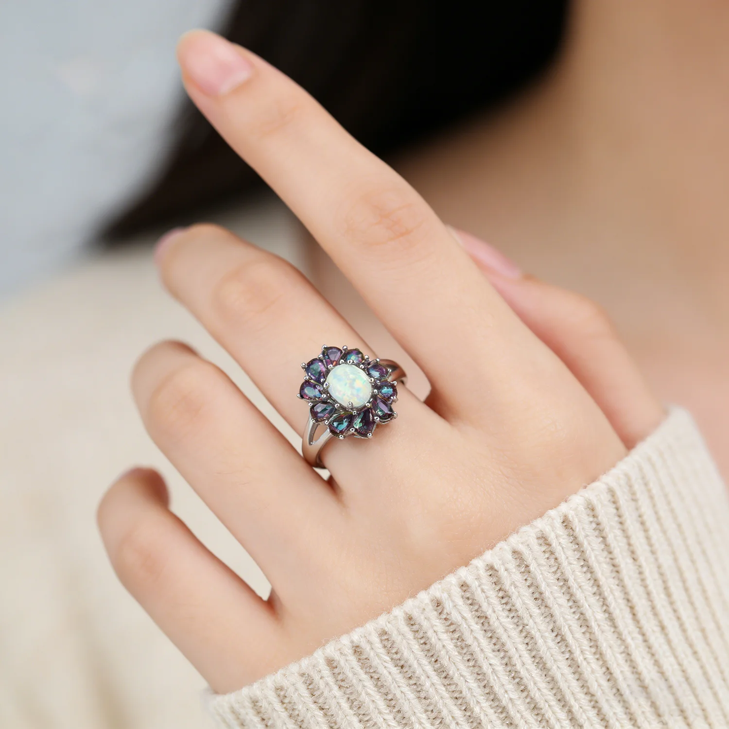 Luxury Flower Cocktail Ring Floral Rainbow Stone & White Opal Rings For Women Fashion Jewelry Bohemia style Gift for Girlfriend