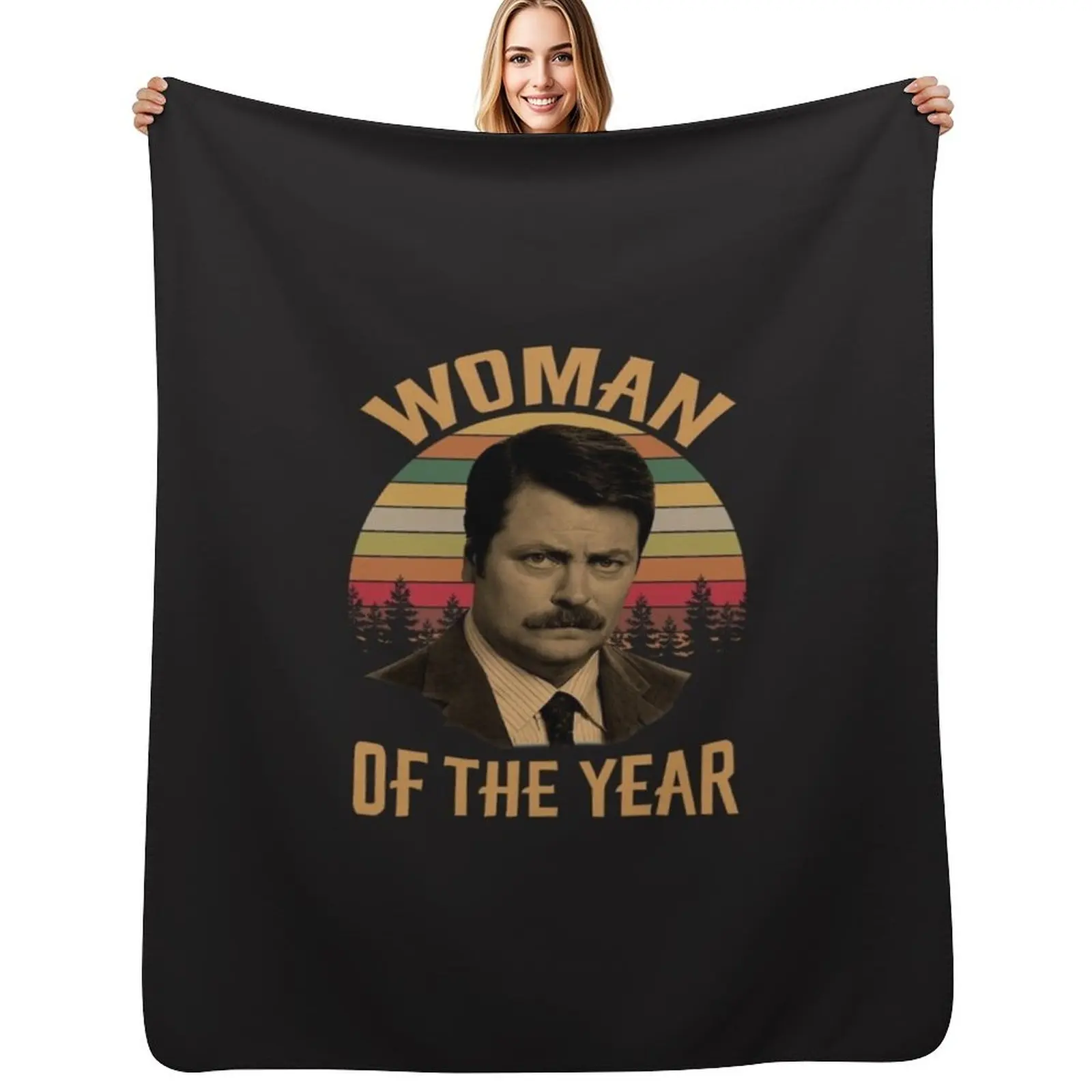Woman of The Year Vintage Retro Ron Swanson Parks and Recreation Classic T-Shirt Throw Blanket