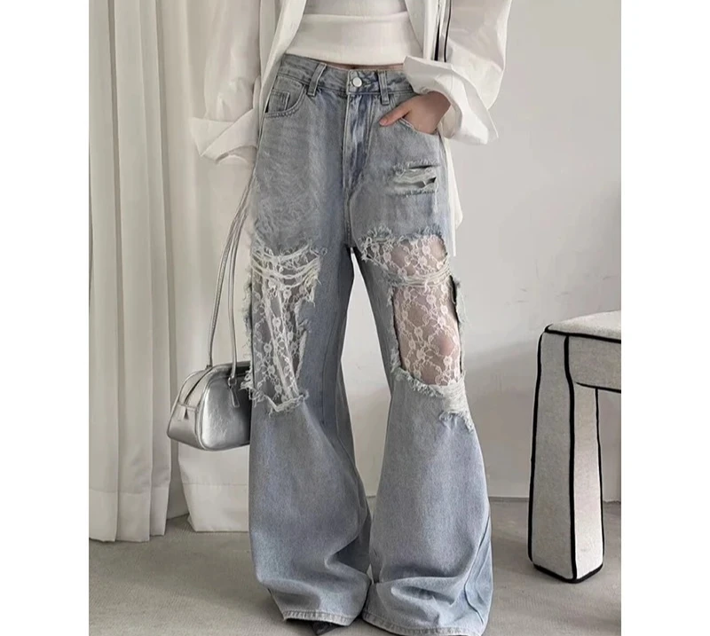 الرجعية الأمريكية ممزق الدانتيل تقسم ​ ​ جينز نسائي فضفاض بأرجل واسعة 2025 تصميم صيفي بنطال مستقيم عالي الخصر