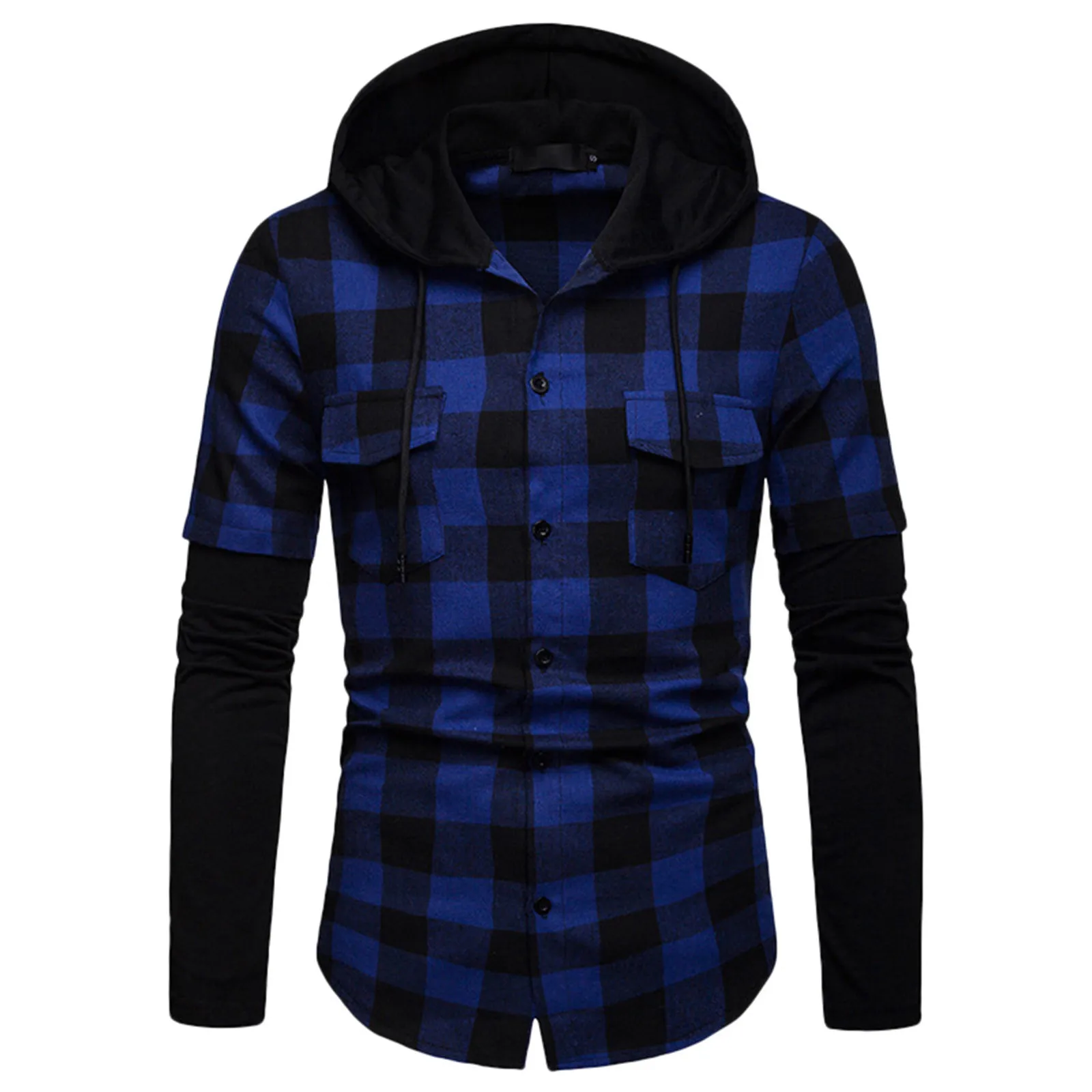 Men\'s Fashion Plaid Hooded Shirt Spring Autumn Casual Slim Fit Pockets Long Sleeve Top Lumberjack Check Shirt Jacket Clothes