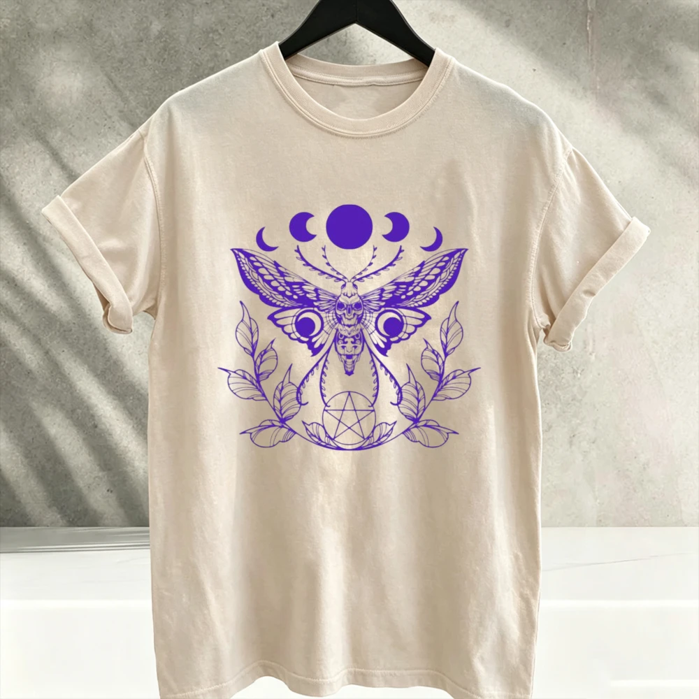 Women's White Crew Neck Short Sleeve T-Shirt with Purple Death Moth Moon Phase Floral Graphic Print Casual Top Apparel XS-3XL