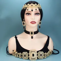 Poyasa Moroccan Caftan Belt Rope Waist Chain Crystal Women Hair Chain Forehead Jewelry Set Big Earring Beads Choker Necklace