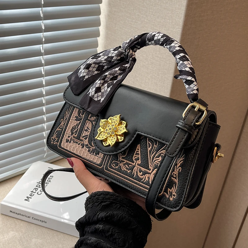 Scarves Square Crossbody Bag For Women Luxury Designer Brand New High Quality PU Female Handbag Black Brown Shoulder Bag