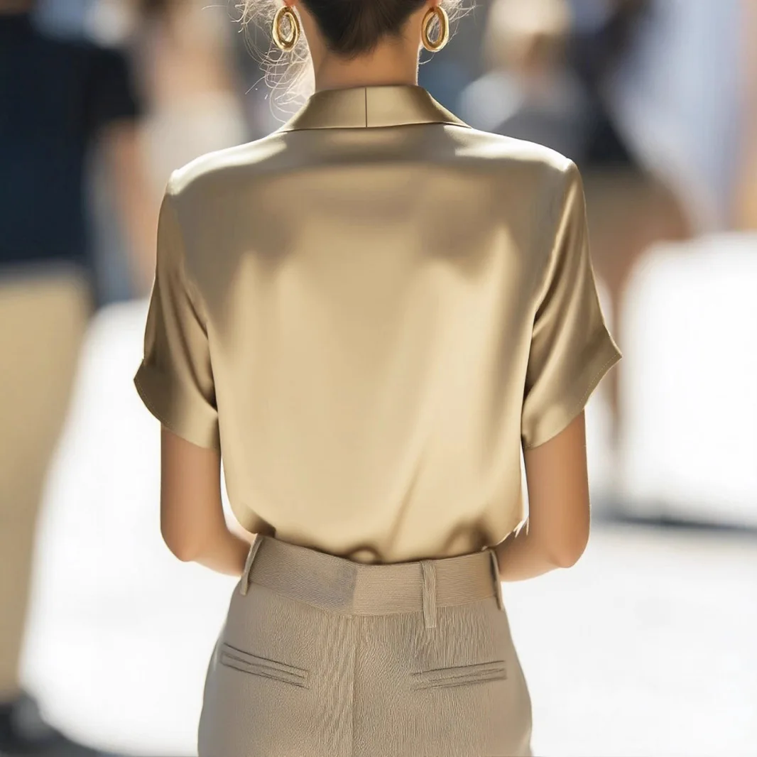 2025年夏の女性向けエレガントなVネックルーズトップス、半袖ブラウスとシャツ、カジュアルファッション