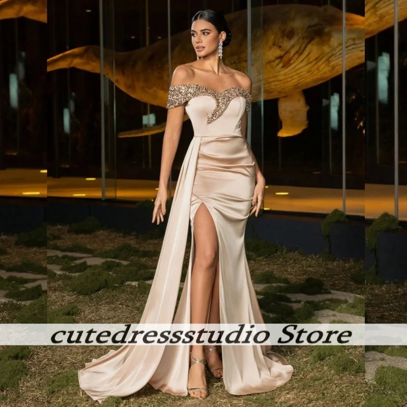 

Customized Elegant Off The Shoulder Beaded Evening Dresses For Arabic Girls High Split Mermaid Prom Dress Wedding Party Gowns