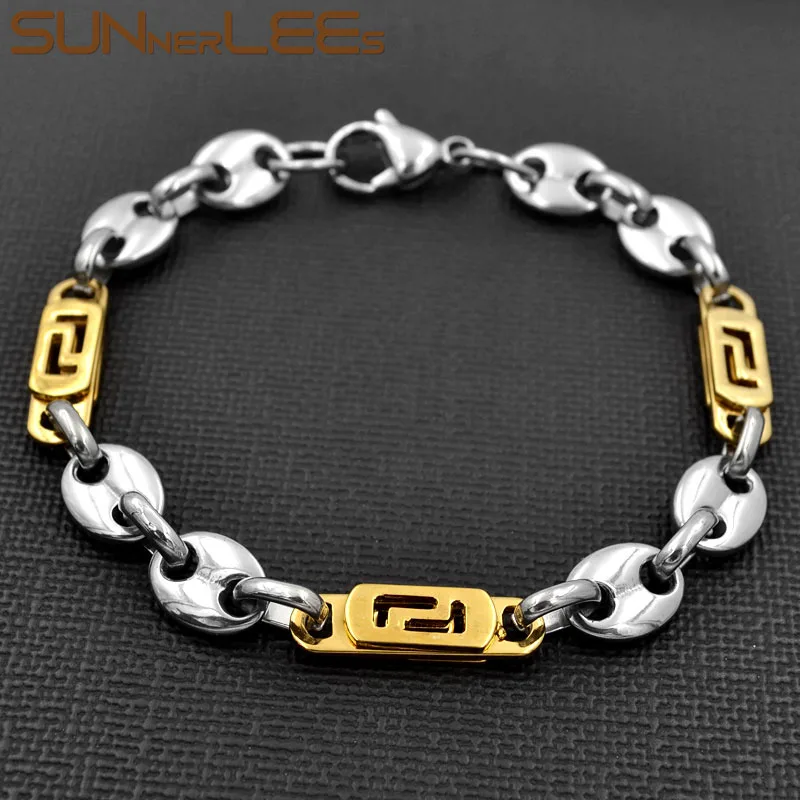 SUNNERLEES Jewelry Stainless Steel Necklace Bracelet Set 8mm Coffee Beans Link Chain Silver Color Gold Plated Men Women SC104 S