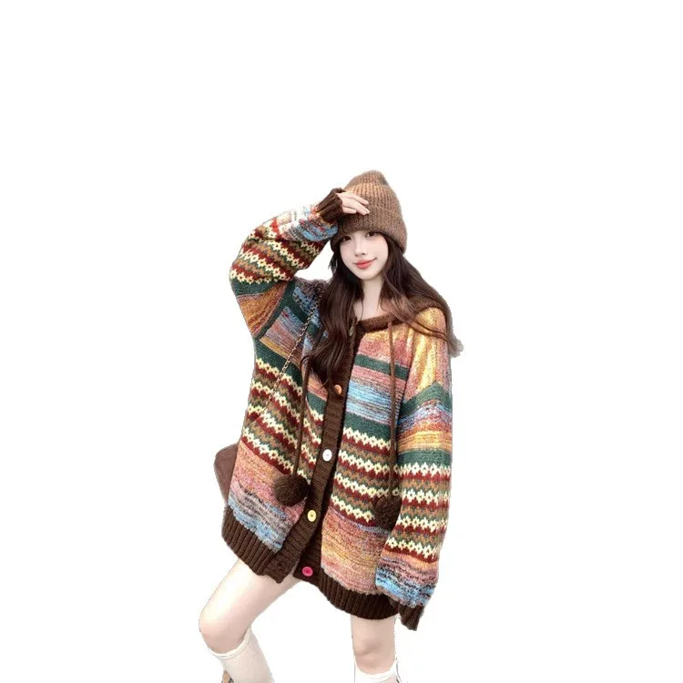 Womens Coat Spring Autumn Retro Striped Contrasting Loose Casual Knitted Cardigan Versatile Daily Fashion Sweet Temperament Wear