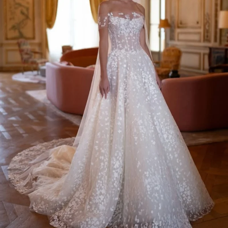 

Simple Satin White Appliques Wedding Dresses off-shoulder A skirt flower decal Long tail Bridal Gowns Made Customized