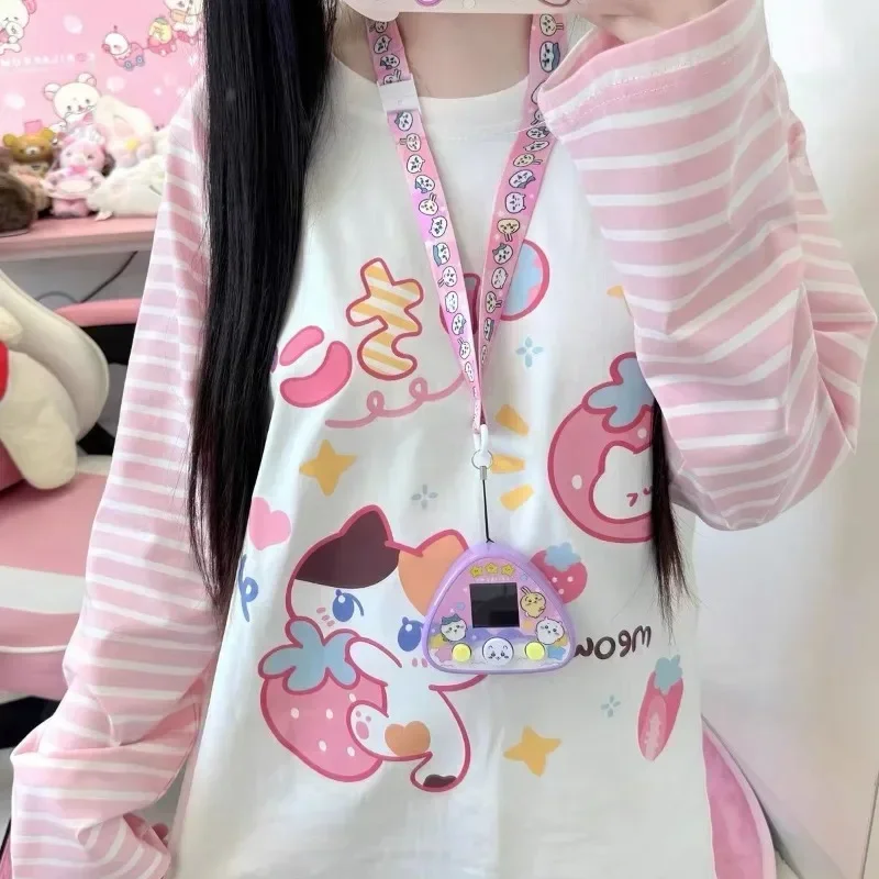 Image of Hemden Grafik T-Shirt Cartoon Print Rosa Gestreift Niedlich Langarm 2000er Jahre Japanische Tops Jugend Damen T-Shirts Mädchen Kawaii Kleidung