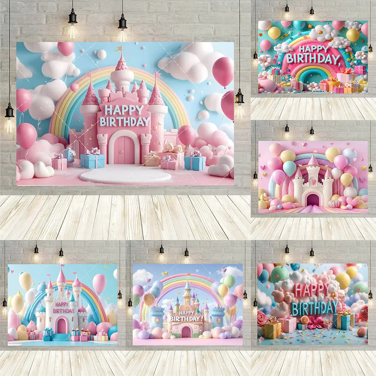 

Rainbow Castle Theme Birthday Party Backdrop Poster Cartoon Train Balloon Cloud Cake Table Decor Props Kids Gift Party Supplies
