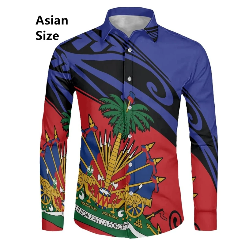 

Мужские рубашки Флаг Гаити Карибский Гаитянский национальный герб Графический 3D принт Уличная Harajuku Повседневная мужская рубашка с длинным рукавом Camisa Top