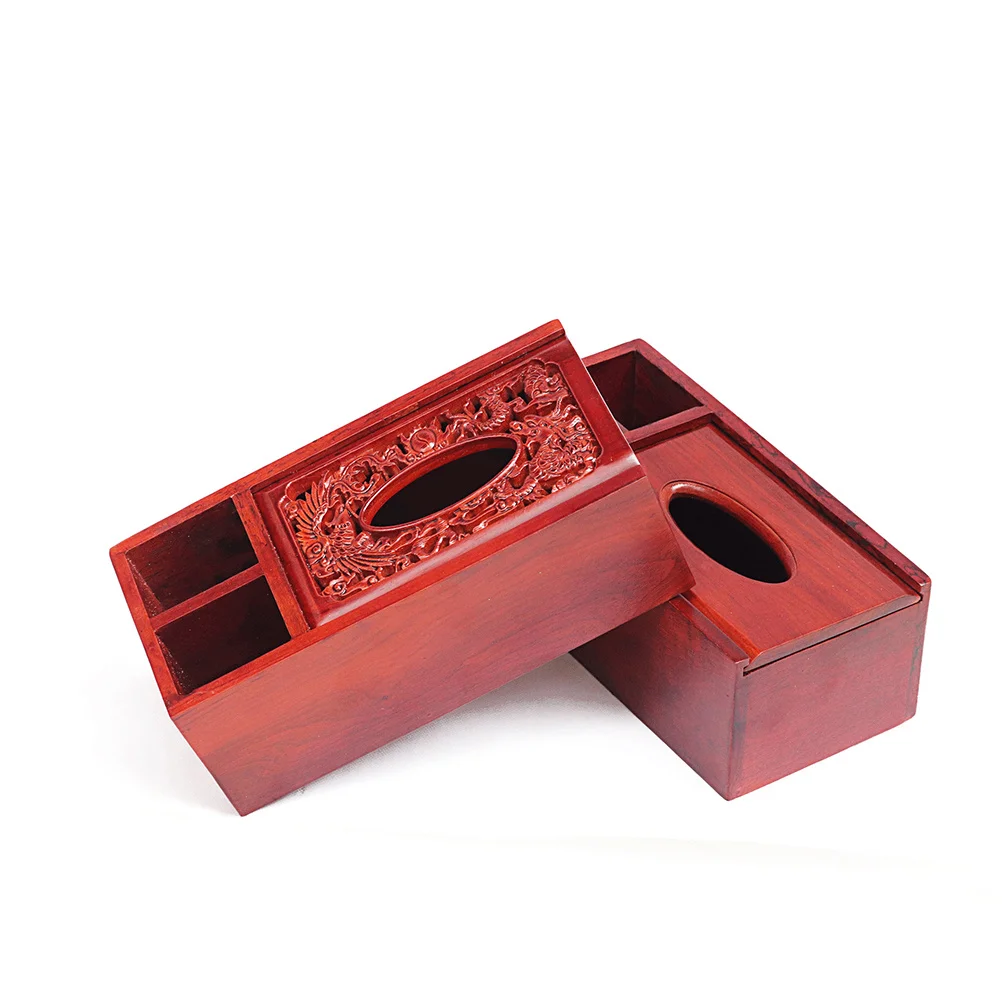 

Wooden Tissue Box Vintage Style Dragon Phoenix Carving with Compartments Desktop Organizer Napkin Holder for Home Office