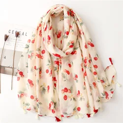 Fashion Women Spring Autumn Viscose Scarf Shawl Small Cherry Floral Tassel Pashmina Stole Wrap Echarpe Foulard Muslim Hijab Caps