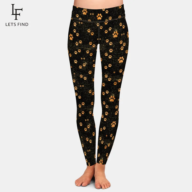 LETSFIND Heiße Verkäufe 3D Orange Hund PFOTEN Print Schwarz Leggings Hohe Taille Frauen Fitness Schlank Milch Seide Druck Hosen